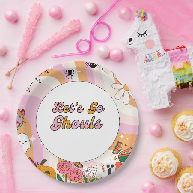  Retro Grooy Let's go ghoul Halloween Birthday Paper Plate (Party)