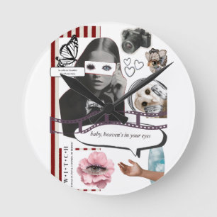 Retro Grunge Coquette Aesthetic Photo Collage Round Clock