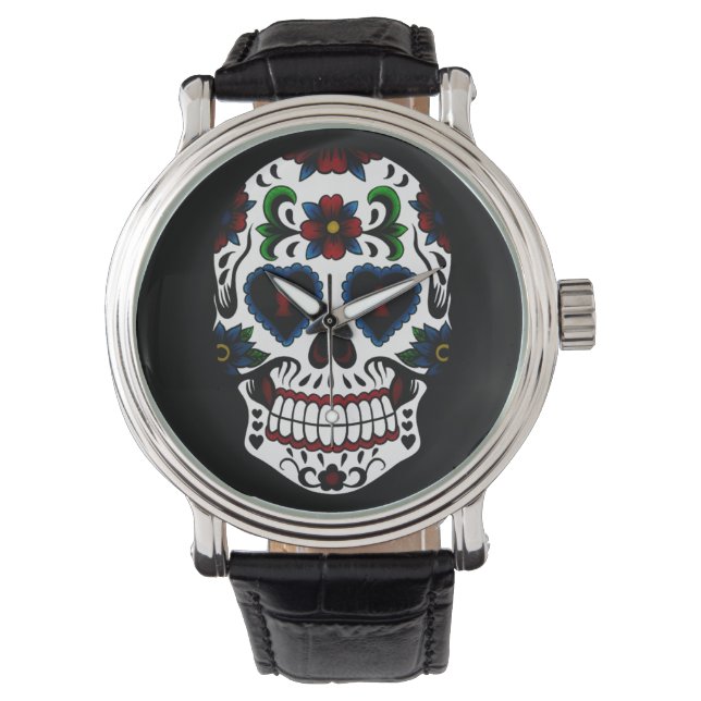 Retro Grunge Day of the Dead Sugar Skull Watch (Front)