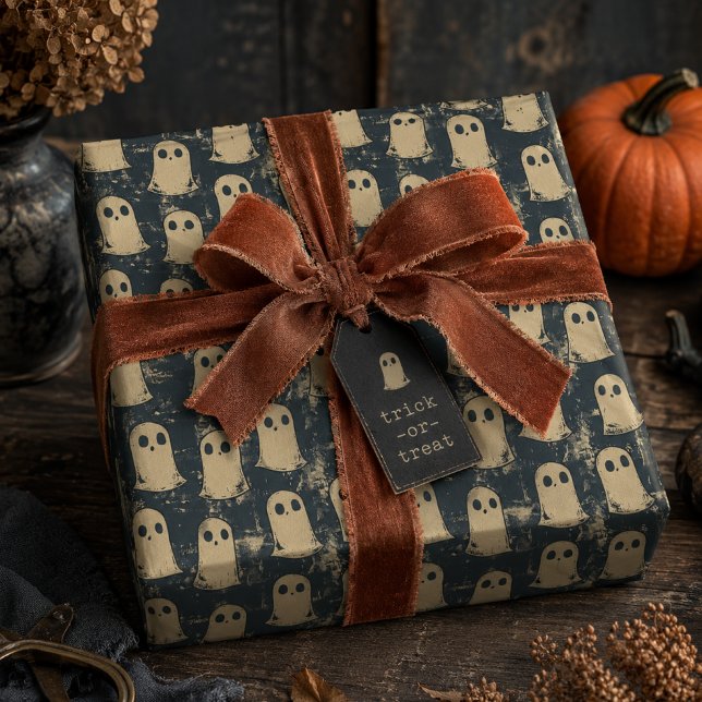 Retro Grunge Ghosts Halloween Pattern Wrapping Paper (Creator Uploaded)