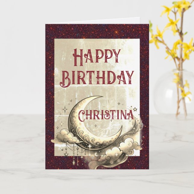 Retro Grunge Moon Birthday Card (Yellow Flower)