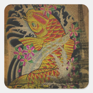 retro grunge vintage japanese koi fish square sticker