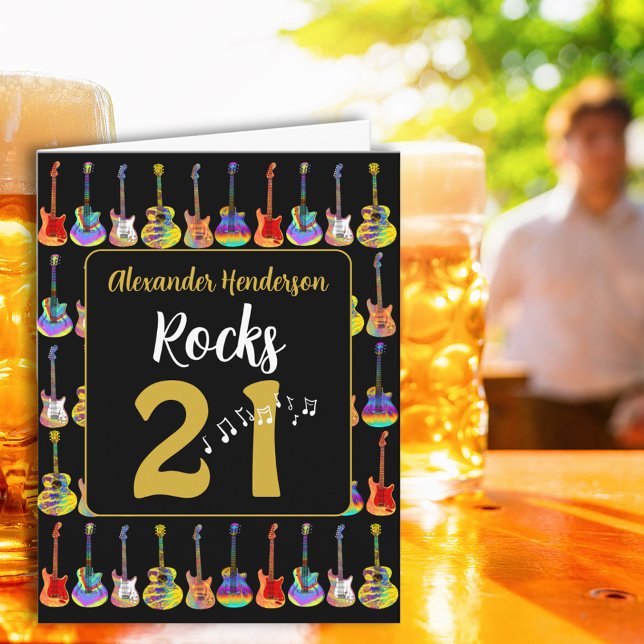 Retro Guitar 21st Birthday Black and Gold Card (Guitar 21st birthday black and gold personalized retro groovy pop art greeting card)