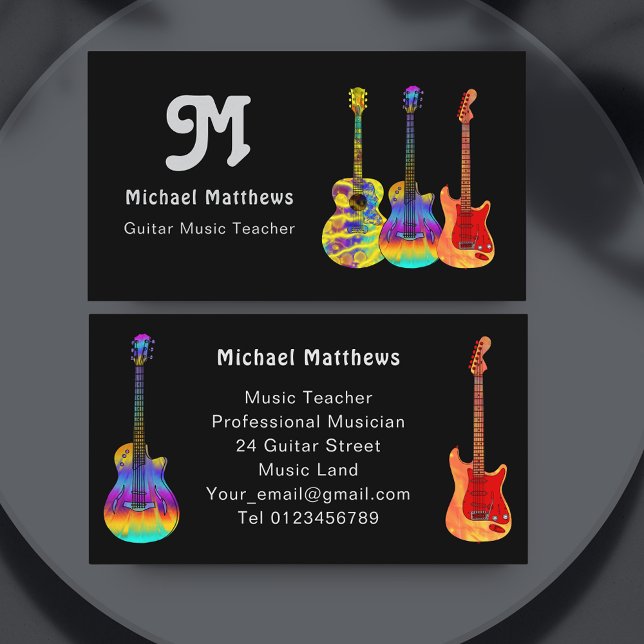 Retro Guitar Music Teacher Custom Business Card (Retro guitar music teacher custom photo custom business card with psychedelic guitars)