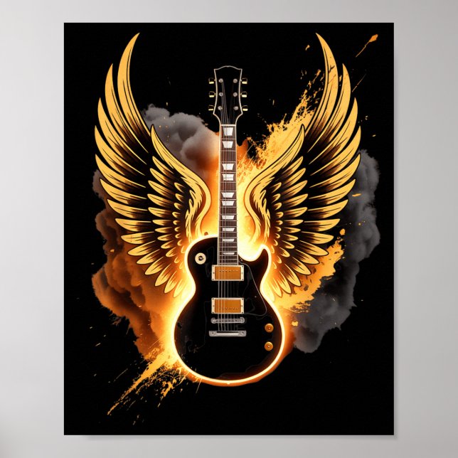 Retro Guitar Wings Abstract Art Rock And Roll Musi Poster (Front)