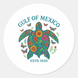 Retro Gulf Of Mexico Est 1550 Floral Turtle Boho S Classic Round Sticker