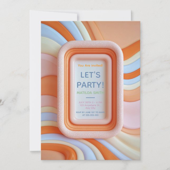 Retro Gummy Peach and Blue Waves Birthday Invitation (Front)