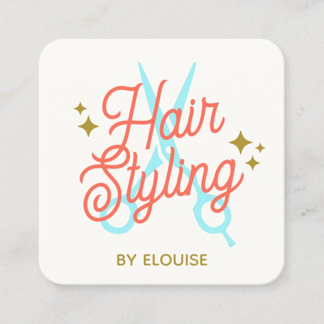 Retro Hair Stylist, Scissors QR Code Square Business Card (Front)