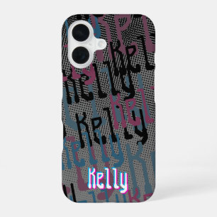 Retro Halftone Pink and Blue Name Collage iPhone 16 Case