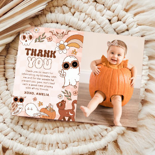 Retro Halloween Birthday Photo Thank You Card