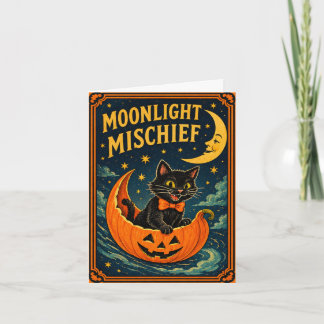 Retro Halloween Black Cat & Moon  Holiday Card