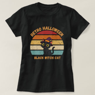 Retro Halloween Black Witch Cat Vintage Sunset T-Shirt