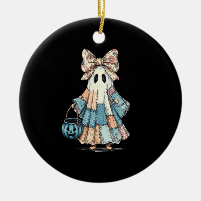 Retro Halloween Blue Denim Ghost Ceramic Ornament (Front)