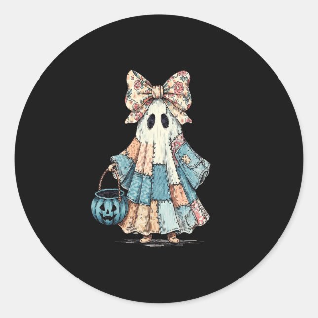 Retro Halloween Blue Denim Ghost Classic Round Sticker (Front)