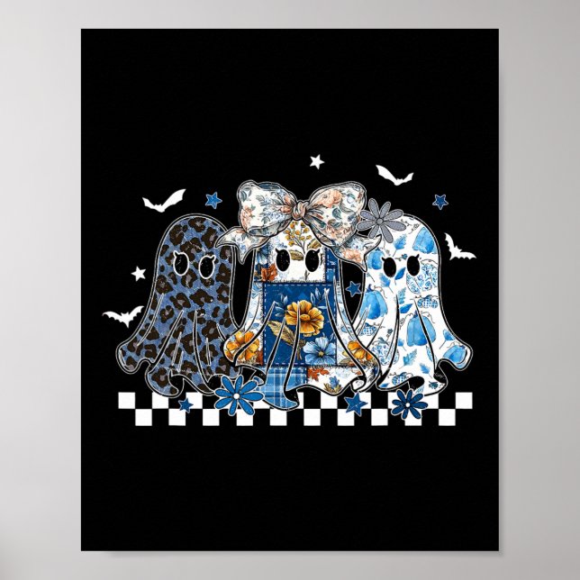 Retro Halloween Blue Denim Ghost Coquette Patchwor Poster (Front)