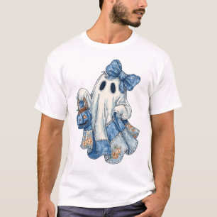 Retro Halloween Blue Denim Ghost Coquette Patchwor T-Shirt
