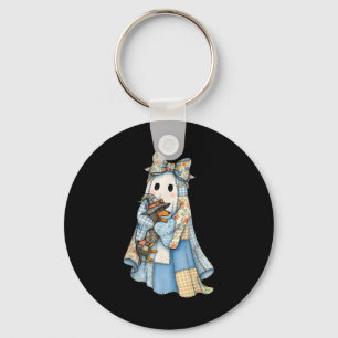 Retro Halloween Blue Denim Ghost Dachshund Funny Key Ring