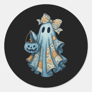 Retro Halloween Blue Denim Ghost Fall Pumpkin Spoo Classic Round Sticker