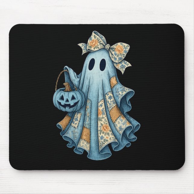 Retro Halloween Blue Denim Ghost Fall Pumpkin Spoo Mouse Pad (Front)