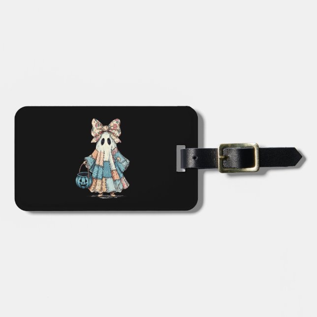 Retro Halloween Blue Denim Ghost Luggage Tag (Front Horizontal)