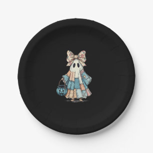 Retro Halloween Blue Denim Ghost Paper Plate