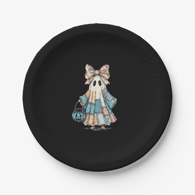 Retro Halloween Blue Denim Ghost Paper Plate (Front)