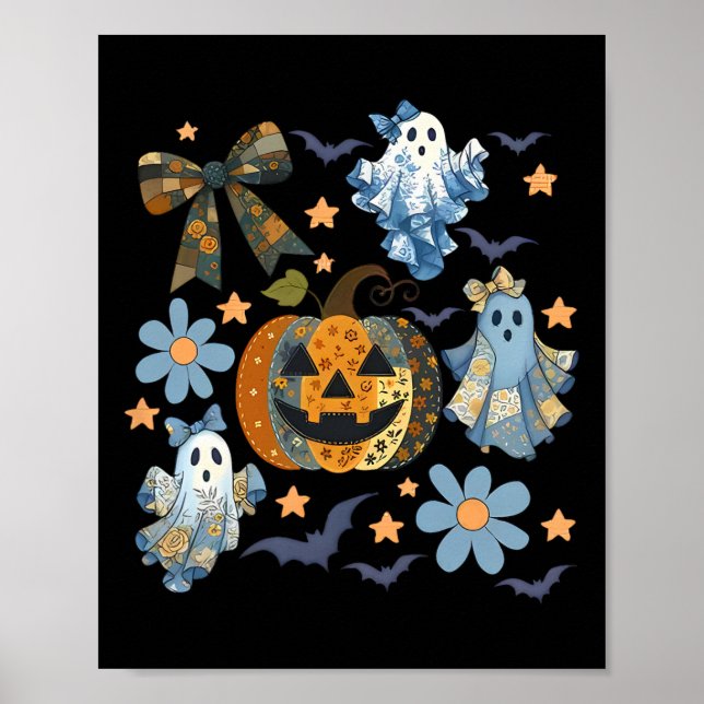 Retro Halloween Blue Denim Ghost Patchwork Spooky  Poster (Front)