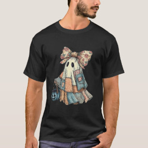 Retro Halloween Blue Denim Ghost Patchwork Spooky T-Shirt