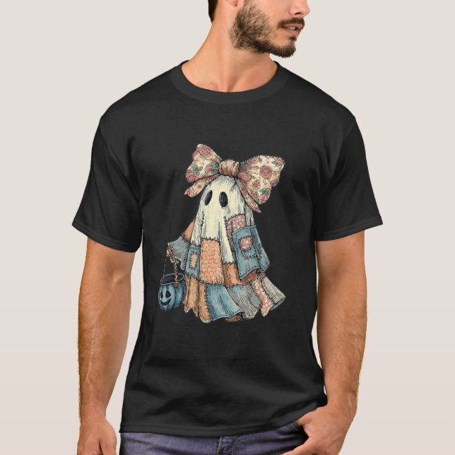 Retro Halloween Blue Denim Ghost Patchwork Spooky  T-Shirt (Front)