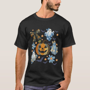 Retro Halloween Blue Denim Ghost Patchwork Spooky T-Shirt