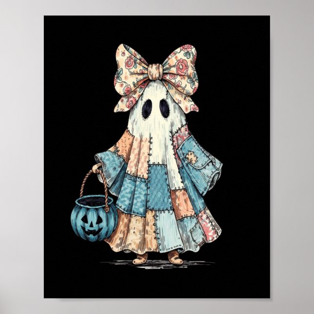 Retro Halloween Blue Denim Ghost Poster (Front)