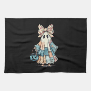 Retro Halloween Blue Denim Ghost Tea Towel