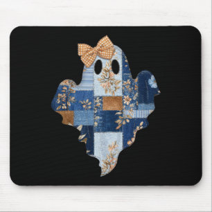 Retro Halloween Blue Denim Patchwork Ghost Boo Coq Mouse Pad