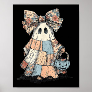 Retro Halloween Blue Denim Patchwork Quilt Ghost S Poster