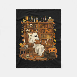 Retro Halloween Bookshelf Ghost Reading Book Lover Fleece Blanket