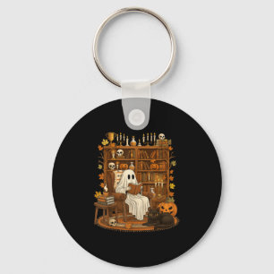 Retro Halloween Bookshelf Ghost Reading Book Lover Key Ring
