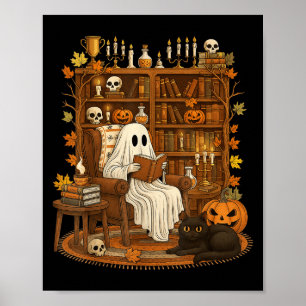 Retro Halloween Bookshelf Ghost Reading Book Lover Poster