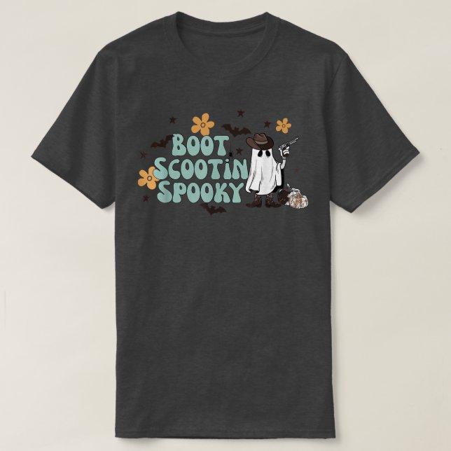 Retro Halloween Boot Scooting Spooky Cowhide Ghost T-Shirt (Design Front)