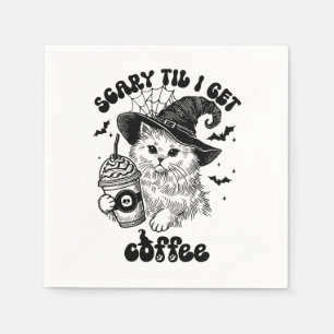 Retro Halloween Cat Coffee–Scary ’Til I Get Coffee Napkin