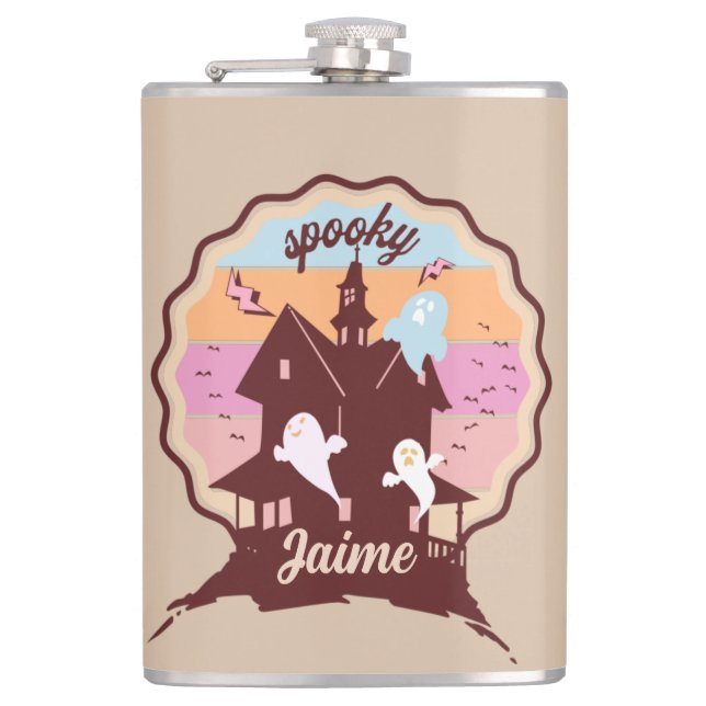 Retro Halloween Costume Spooky Haunted House Ghost Hip Flask (Front)