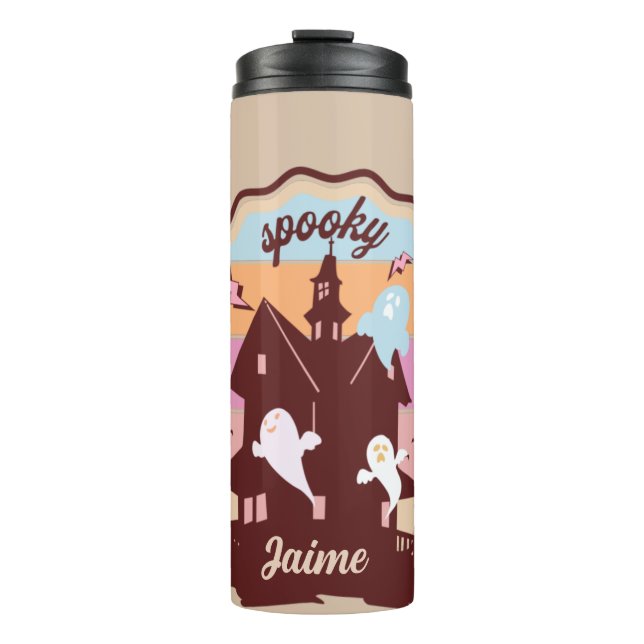 Retro Halloween Costume Spooky Haunted House Ghost Thermal Tumbler (Front)