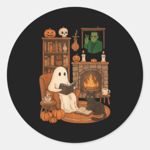 Retro Halloween Cosy Ghost Reading Book By 90s Fra Classic Round Sticker