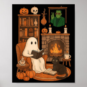 Retro Halloween Cosy Ghost Reading Book By 90s Fra Poster