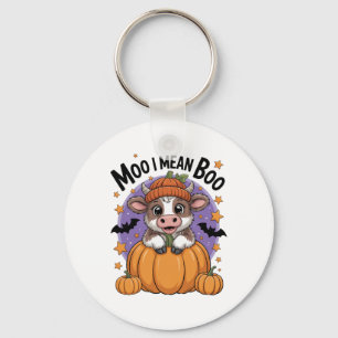 Retro Halloween Cow Moo I Mean Boo Funny Fall Key Ring