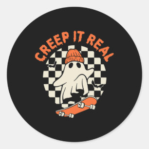Retro Halloween Creep It Real Ghost Boy Fall Seaso Classic Round Sticker