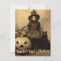Retro Halloween creepy girl with black cat