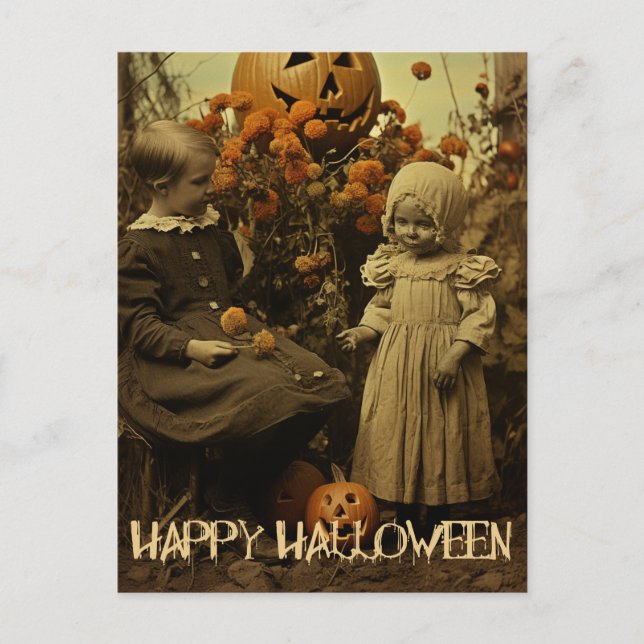 Retro Halloween creepy girls with carved pumpkins Postcard (Front)