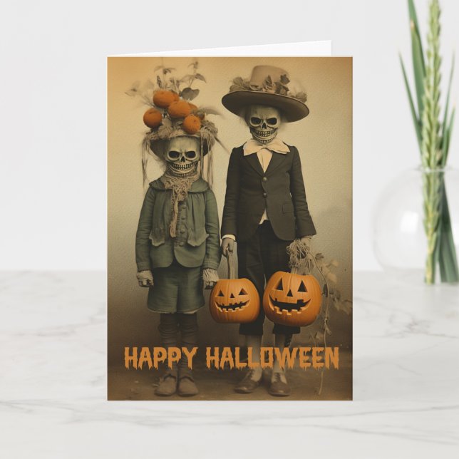 Retro Halloween creepy kids with carved pumpkins Holiday Card (Front)