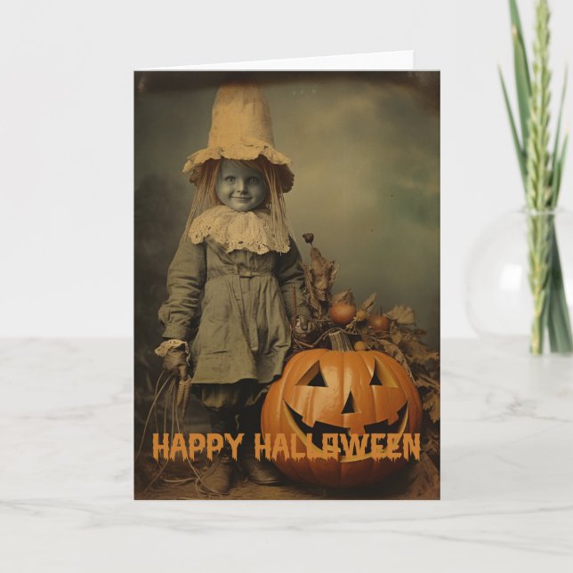 Retro Halloween creepy kids with carved pumpkins Holiday Card (Front)