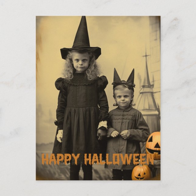 Retro Halloween creepy kids with carved pumpkins Postcard (Front)